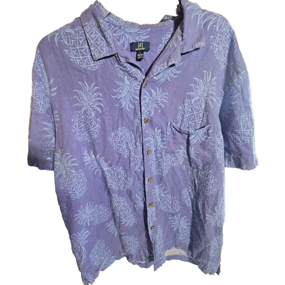 Tropical Pineapple Print Linen Blend Shirt L Short Sleeve Beach Hawaii Mens Blue